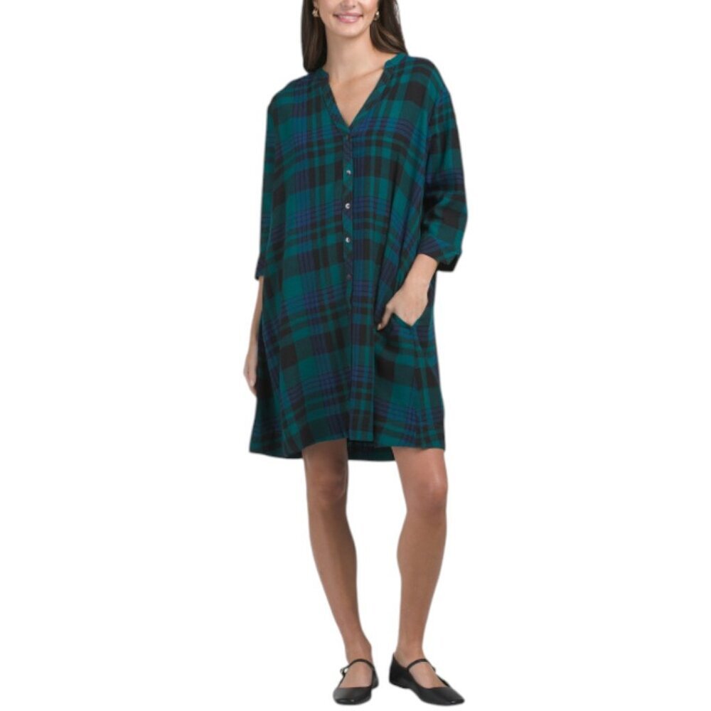 NICOLE MILLER NEW YORK Linen Blend Plaid Mini Shirt Dress